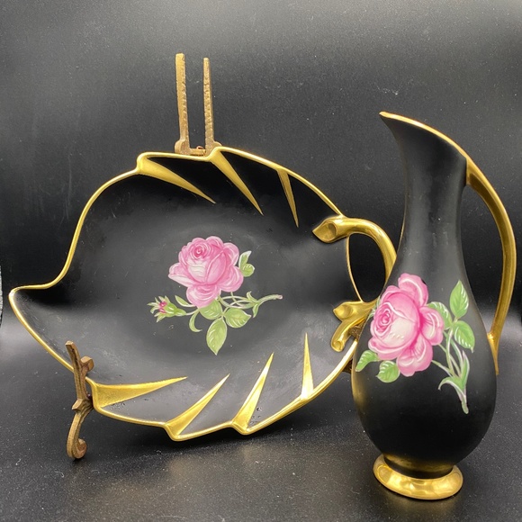 Josef Kuba 2 piece set: flat black and gold porcelain "Black Beauty" bowl & jug - Picture 1 of 10